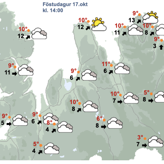 Svona gerir Veðurstifa Íslands ráð fyrir að veðrið verði klukkan tvö í dag. SKJÁSKOT