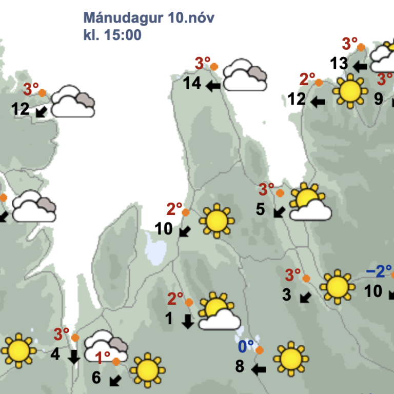Veðurspáin fyrir miðjan dag á mánudaginn. SKJÁSKOT