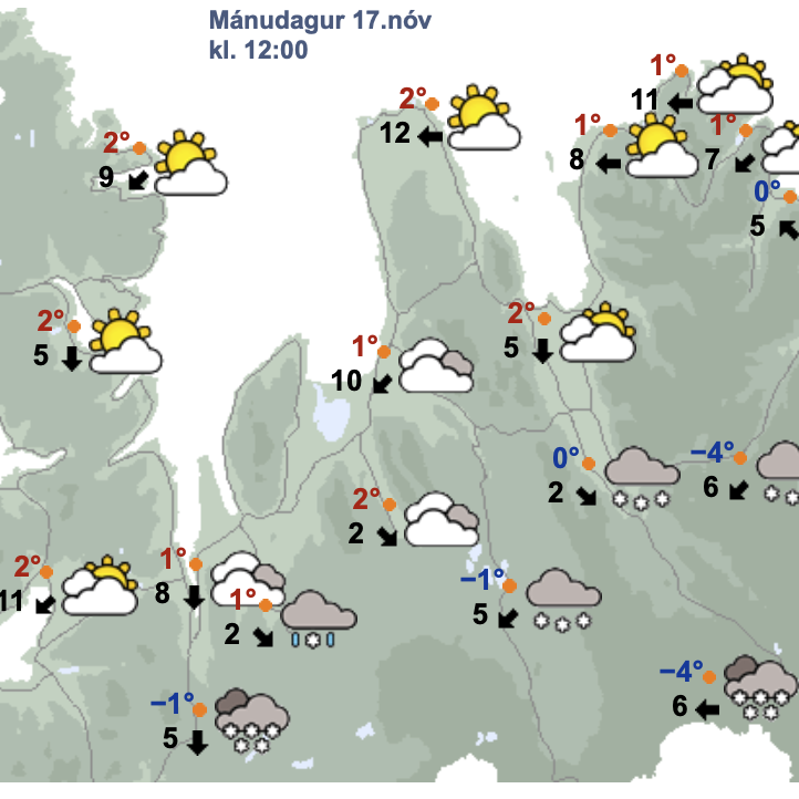 Veðurspá Veðurstofunnar fyrir hádegi á morgun, mánudag. SKJÁSKOT
