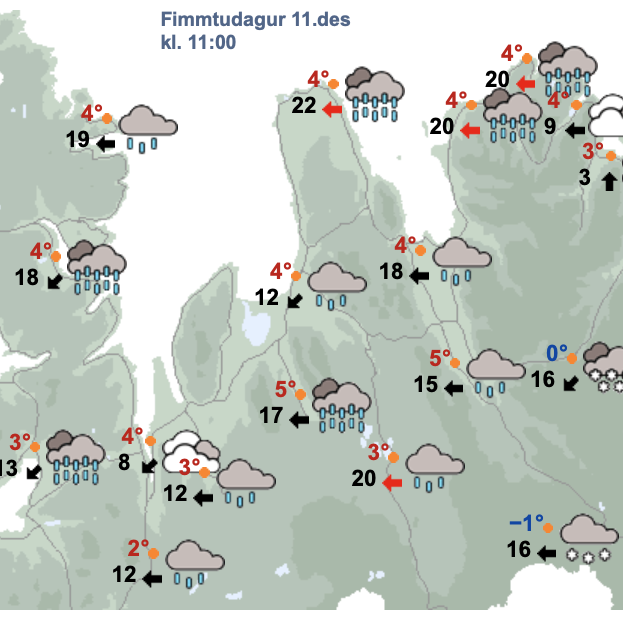Spá Veðurstofunnar fyrir kl. 11 í dag. SKJÁSKOT