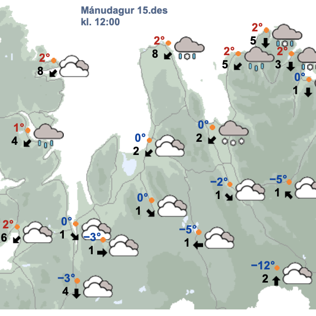 Svona gerir Veðurstofan ráð fyrir að veðrið verði á Norðurlandi vestra um kl. 12. SKJÁSKOT