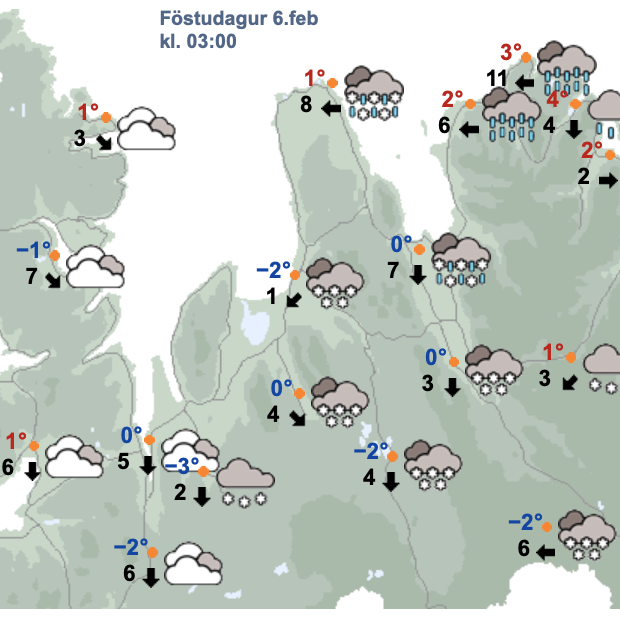 Svona reiknar Veðurstofan með að veðrið verði aðfraranótt föstudag. Gert er ráð fyrir að það stytti upp í Skagafirði í morgunsárið en snjókoman endist Húnvetningum fram eftir degi. Alla jafna er reiknað með hægum vindi. SKJÁSKOT AF VEÐUR.IS