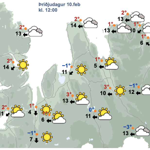 Svona reiknar Veðurstofan með að veðrið verði um hádegi í dag hér á Norðurlandi. Á myndinni neðst í fréttinni má sjá spána eins og hún lýtur út fyrir sunnudaginn næsta kl. 6 að morgni. SKJÁSKOT
