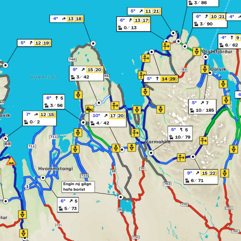 Svona var staðan á vegum á Norðurlandi um kl. 9 í morgun. SKJÁSKOT AF SÍÐU VEGAGERÐARINNAR