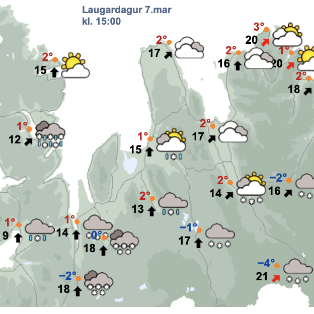 Svona er spáin fyrir miðjan dag á morgun. SKJÁSKOT AF VEÐUR.IS