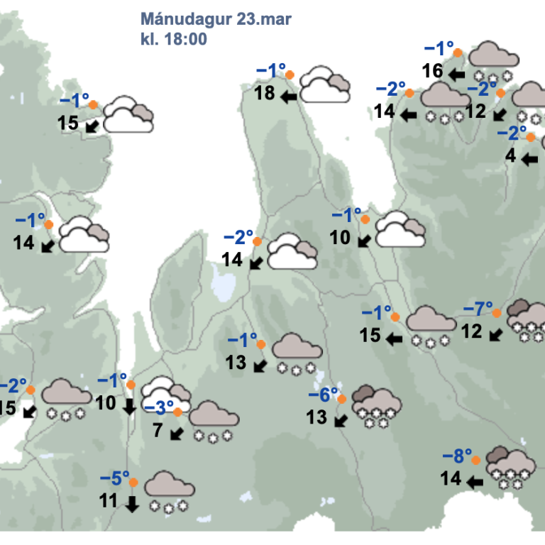 Veðurspáin kl. 18 í kvöld. SKJÁSKOT