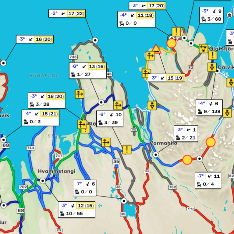 Svona var færðin um kl. 9 í morgun skv. korti Vegagerðarinnar. SKJÁSKOT