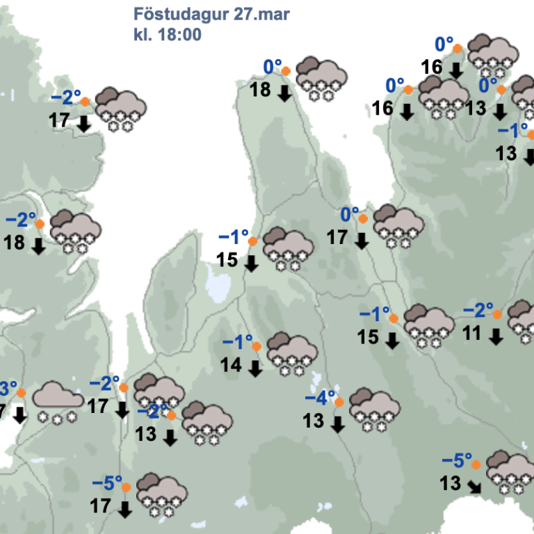 Veðurspáin fyrir Strandi og Norðurland vestra kl. 18 í dag. SKJÁSKOT AF VEDUR.IS