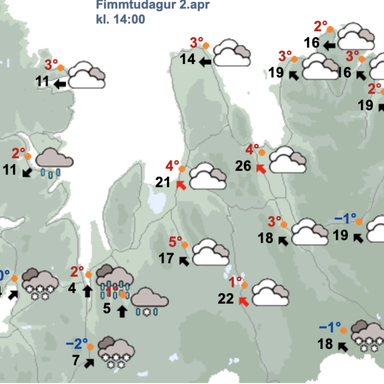 Veðurspáin fyrir kl. 14 á skírdag. SKJÁSKOT AF VEÐUR.iS