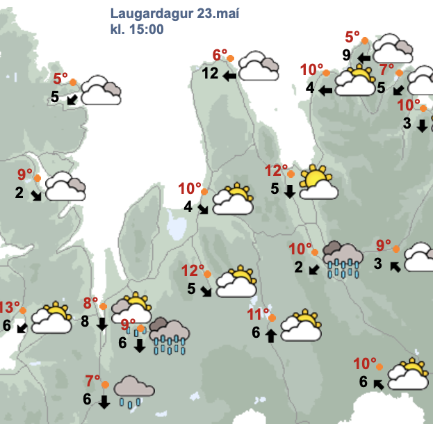 Spáin fyrir Norðurland vestra um kl. 15 á morgun, laugardag. SKJÁSKOT AF VEÐUR.IS