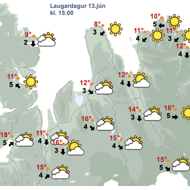 Spkort frá því kl. 13:50 á föstudegi fyrir veðrið á Norðurlandi vestra kl. 15:00 á laugardag. SKJÁSKOT