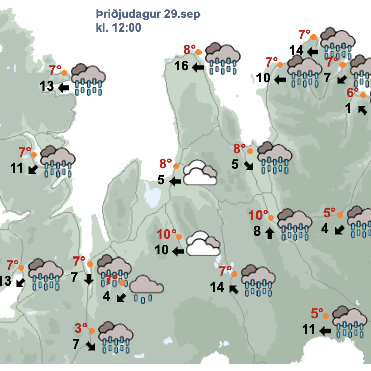 Veðurspáin um hádegi í dag. SKJÁSKOT AF VEÐUR.IS