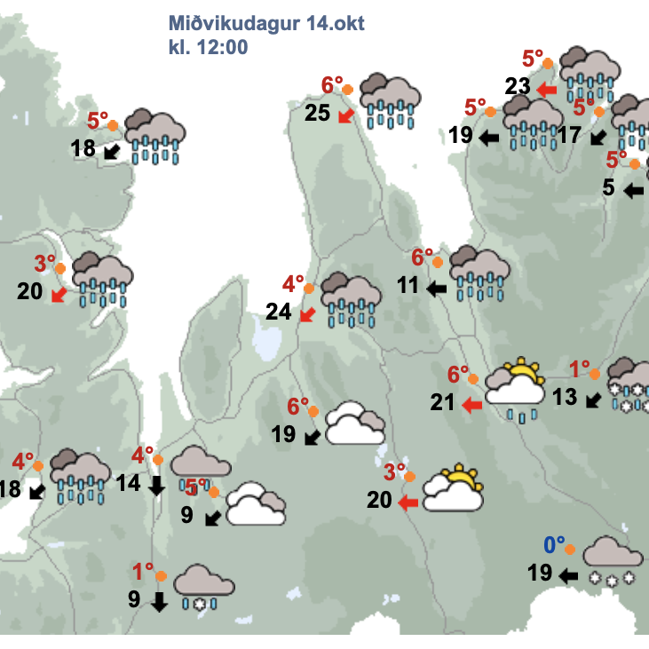 Veðurspáin á Ströndum og Norðurlandi vestra um hádegi í dag. SKJÁSKOT AF VEÐUR.IS