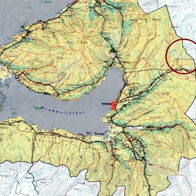 Dalabyggð. Svæðið sem breytingum tekur er innan rauða hringsins. Mynd:Skjáskot af mynd 1 í tillögu um breytingu á Aðalskipulagi Dalabyggðar vegna vindorkuvers á Sólheimum.