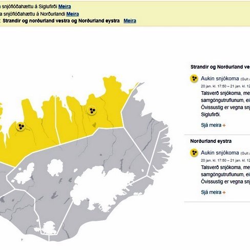 Gul viðvörun er í gildi til hádegis. Skjáskot af vef Veðurstofunnar.