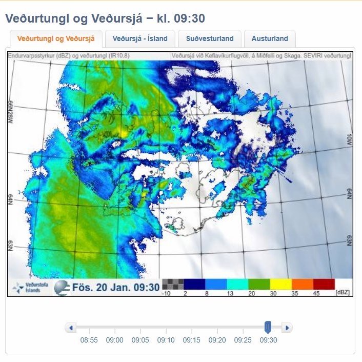 Skjáskot af vef Veðurstofunnar sem tekið var föstudagsmorguninn 20. janúar þegar hvassviðri og asahláka gekk yfir landið. Veðursjáin hefur mikla þýðingu fyrir veðurathuganir og þá sérstaklega þau veður sem koma að norðan, segir Óðinn Þórarinsson, sérfræðingur á athugana- og upplýsingatæknisviði Veðurstofunnar.