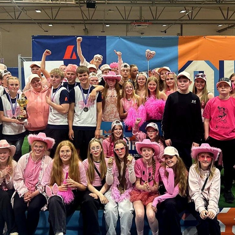 Á myndinni eru allir nemendur 7. - 10. bekkjar ásamt starfsfólki, en ómissandi hluti af Skólahreysti er stuðningsliðið sem fylgir á keppnirnar. MYND: VARMAHLÍÐARSKÓLI.IS