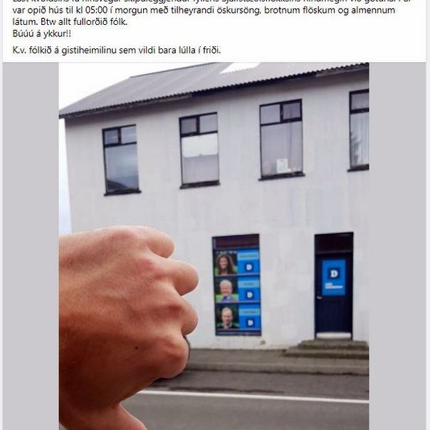 Stefán Jakobsson, söngvari, var ekki par hrifinn af öskursöng ungra Sjálfstæðismanna á Sauðárkróki sem héldu fyrir honum vöku í nótt, eins og sjá má á færslu hans á Facebook.