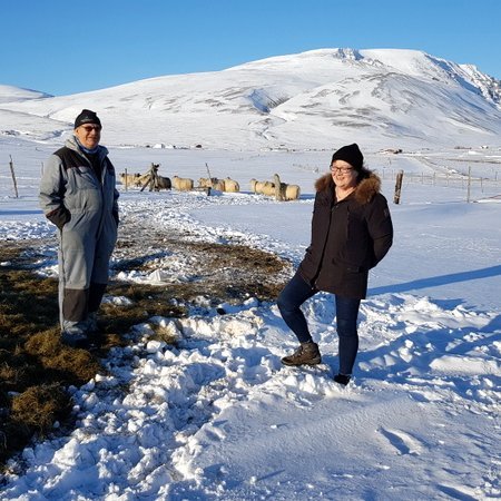 Á góðum degi á Nöfum, Stefán og Sigurjóna Skarphéðinsbörn við gegningar en þau hafa haldið kindur í áratugi. Mynd: PF