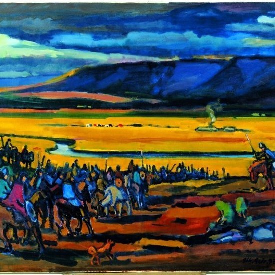 Kappar á leið í Örlygsstaðabardaga 1238 í túlkun listmálarans Jóhannesar Geirs. Mynd af netinu.