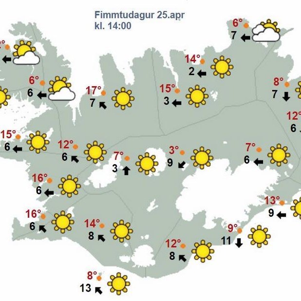 Svona lítur spákortið út fyrir daginn í dag. Nokkuð gott bara.