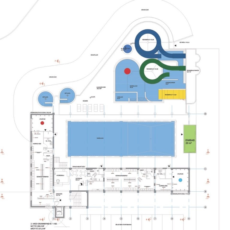 Frumdrög af teikningum Sundlaugar Sauðárkróks frá Úti og inni arkitektum.