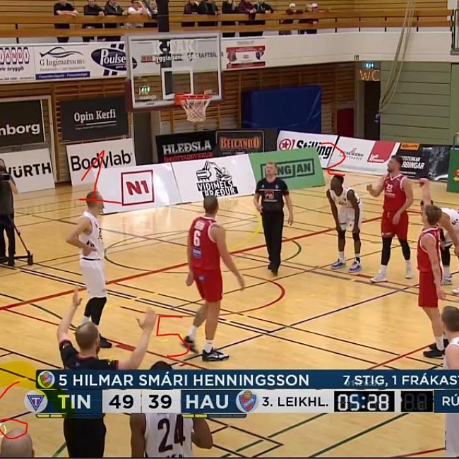 Tindastólsmenn tvístígandi í skiptingunni. Fjórir útlendingar á vellinum og eiginlega tveir Íslendingar því Siggi var við hliðarlínuna að vandræðast vegna skiptingarinnar. SKJÁSKOT FRÁ SVEINI BRYNJARI