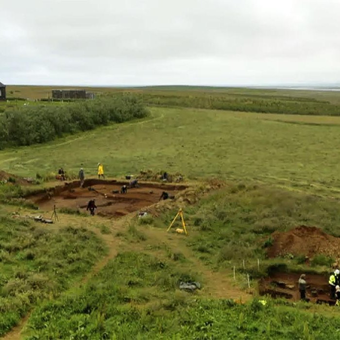 Hér sést yfir rannsóknasvæðið. Grafið í klausturrústunum og kirkjugarðinum. Þingeyrakirkja í baksýn.  MYND AF RÚV.IS / Andrea María Sveinsdóttir
