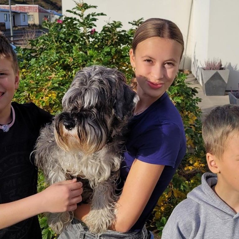 Ingimar Hrafn, Árelía Margrét og Hafþór Nói með Þoku. MYND AÐSEND