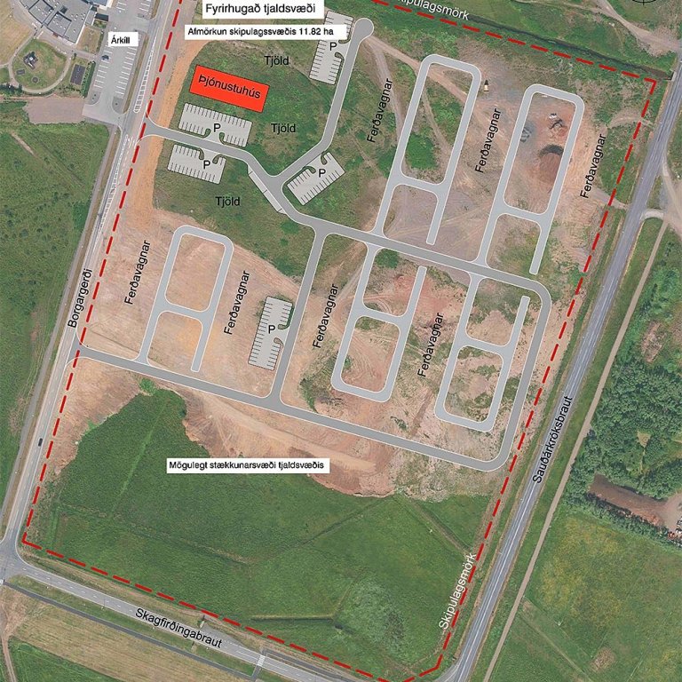 Hér má sjá staðsetningu á fyrirhuguðu tjaldsvæði á Sauðárkróki. Athugið að myndin sýnir ekki fullgerða hönnun svæðisins. MYNDIR FRÁ SKAGAFIRÐI