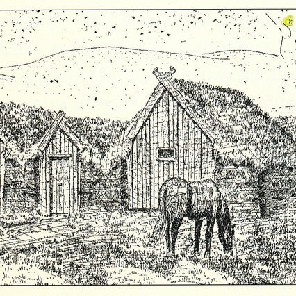 Teikning Edwins Sacher af torfbænum á Syðra-Skörðugili árið 1936. Mynd úr Byggðasögu Skagafjarðar.