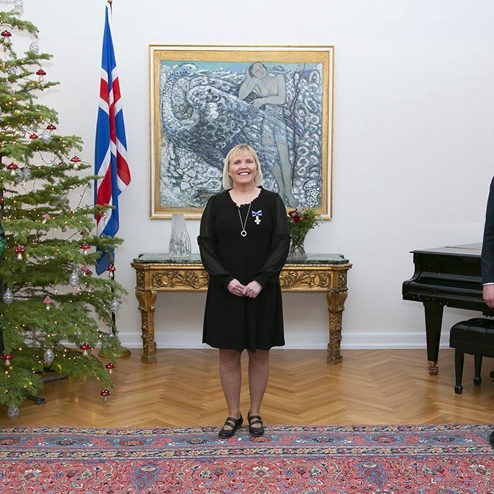 Vanda Sigurgeirsdóttir ásamt forsetahjónunum, Guðna Th. Jóhannessyni og Elízu Reid. MYND: GUNNAR G. VIGFÚSSON