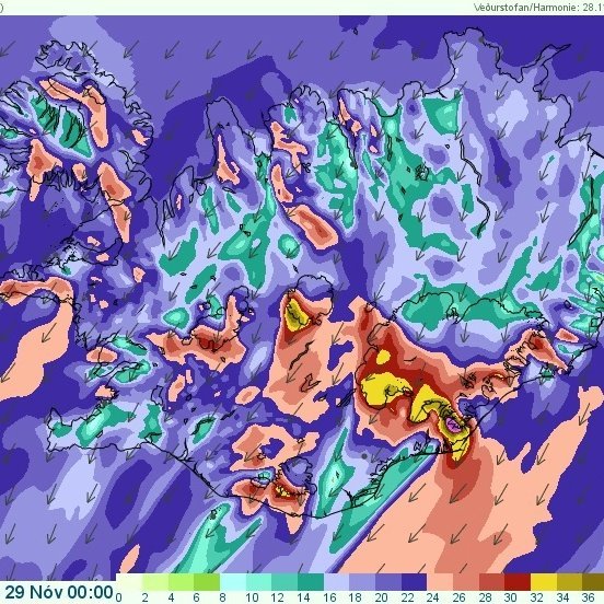 Vindstyrkur á miðnætti skv. spá Veðurstofunnar. Mynd af Vedur.is.