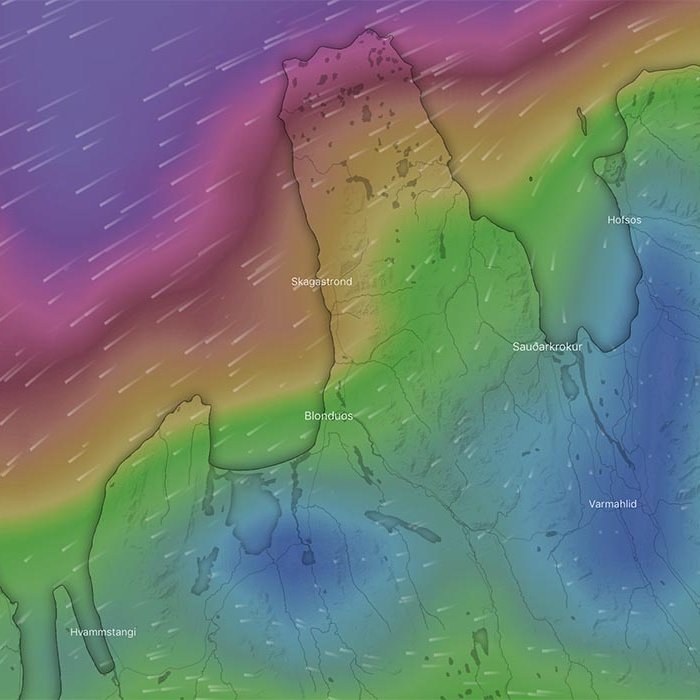 Vindmynd af heimasíðunni Windy.com frá því um 19:30 í kvöld.