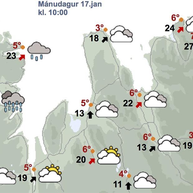 Veðrið um hádegi á morgun, mánudag, samkvæmt spá Veðurstofunnar. SKJÁMYND