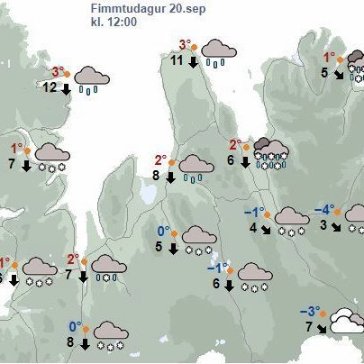 Svona lítur veðurkortið út fyrir fimmtudaginn. Skjáskot af vedur.is
