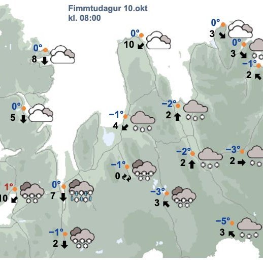 Svona er veðurspáin kl. 8 á fimmtudagsmorgni. SKJÁSKOT