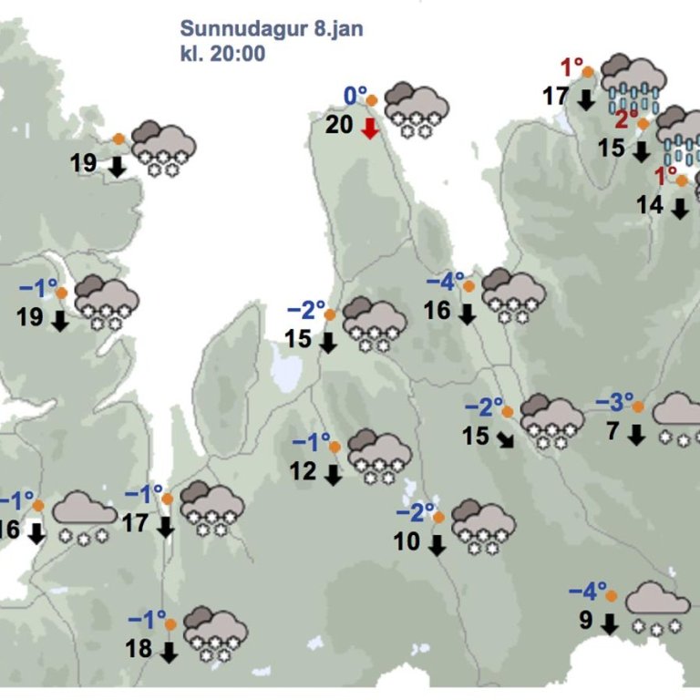 Veðurspá Veðurstofunnar fyrir Norðurland vestra og Strandir nú kl. 20 á sunndagskvöldi. SKJÁSKOT