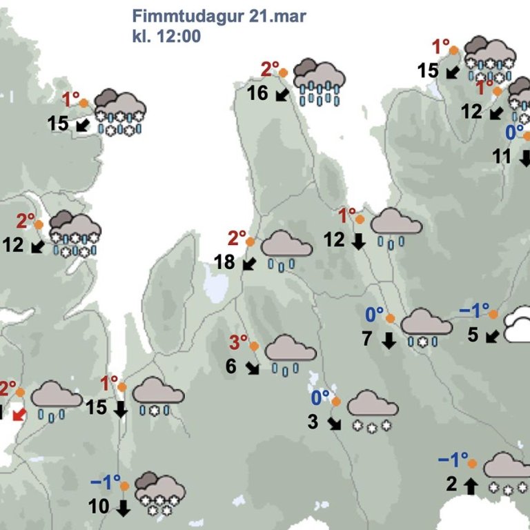 Svona reiknar Veðurstofan með að veðrið verði um hádegi í dag. SKJÁSKOT