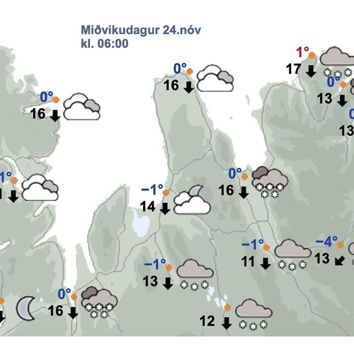 Skjámynd af spá Veðurstofunnar fyrir Strandir og Norðurland vestra kl. 6 í fyrramálið.