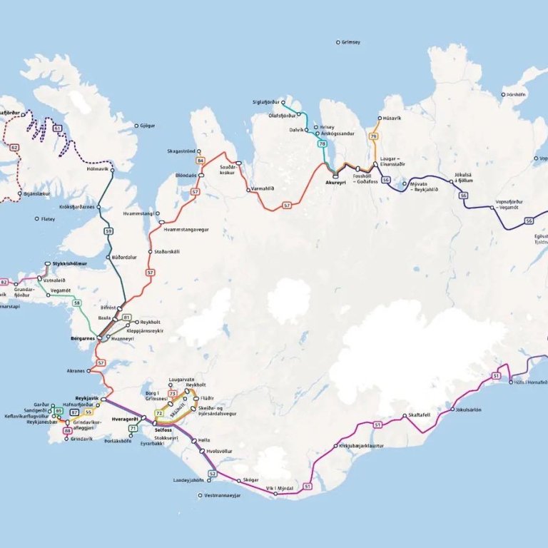 Myndin sýnir leiðakerfi Strætó á landsbyggðinni. SKJÁSKOT