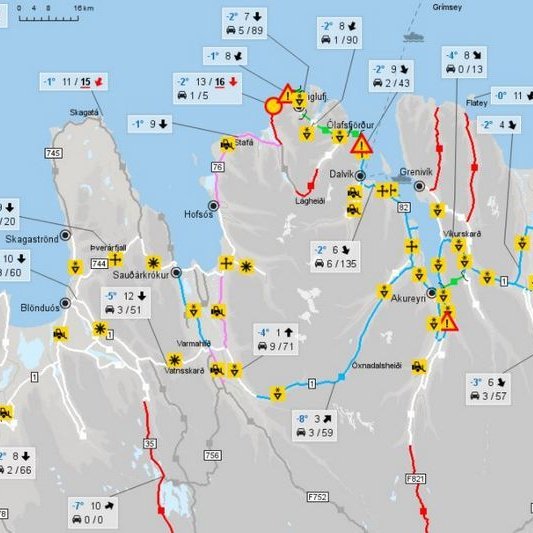 Kort Vegagerðarinnar nú í morgunsárið sem segir til um ástand vega þá stundina.