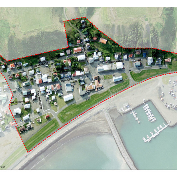 Myndin sýnir afmörkun verndarsvæðisins á Sauðárkróki. Mynd: Skagafjordur.is