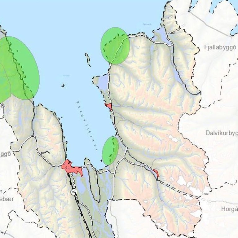 Grænlituðu svæðin voru talin áhugaverð svæði til nýtingar vindorku skv. fyrstu úttekt á mögulegum svæðum.SKJÁSKOT ÚR AÐALSKIPULAGI SKAGAFJARÐAR