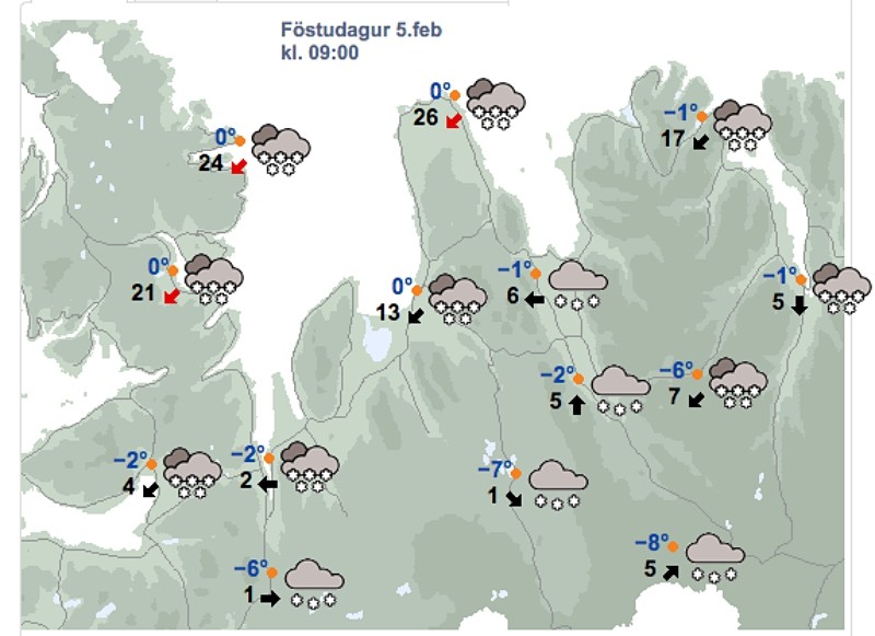 Veðrið á Ströndum og Norðurlandi vestra kl. 9:00 í dag, 5. janúar, skv. spá Veðurstofu Íslands. Mynd/Vedur.is