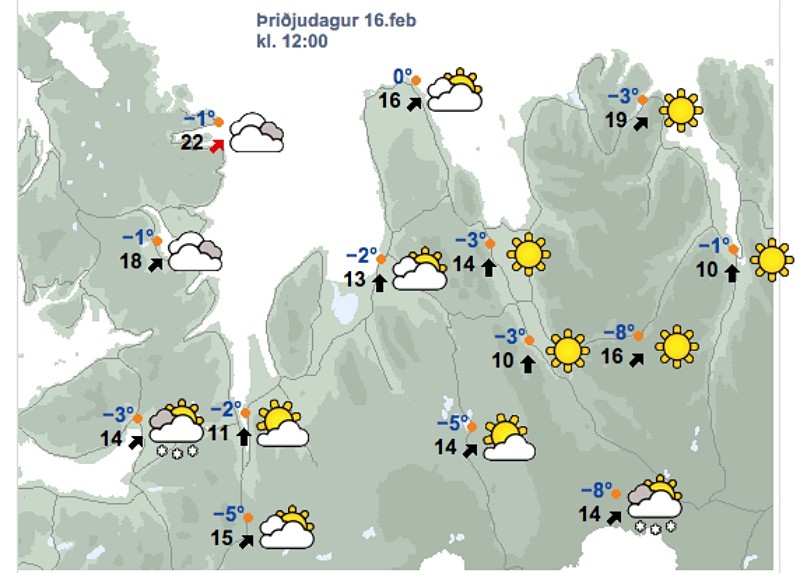 Veðrið á Ströndum og Norðurlandi vestra kl. 12 á hádegi í dag, samkvæmt spá Veðurstofu Íslands. Mynd/Vedur.is