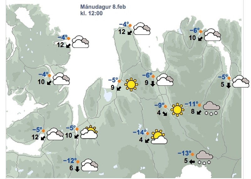 Veðrið á Ströndum og Norðurlandi vestra kl. 12 á hádegi í dag, skv. spá Veðurstofu Íslands. Mynd/Vedur.is.