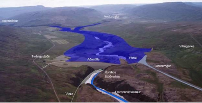 Horft yfir Villinganesvirkjun og lónið úr lofti. Mynd úr skýrslu um Villinganesvirkjun sem virkjunarkost til umfjöllunar í 3. áfanga rammaáætlunar á vefsíðunni Ramma.is.